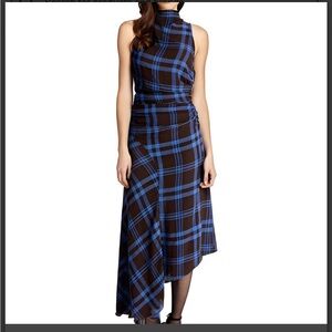 A.L.C. Iggy Dress Brown Royal Blue size 6 Sleeveless Asymmetrical Wool Viscose